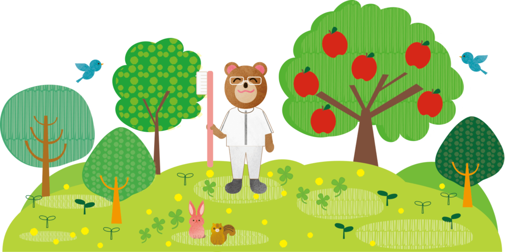 クマキャラクターとうさぎ、りす、鳥の温かみのあるイラスト