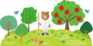クマキャラクターとうさぎ、りす、鳥の温かみのあるイラスト